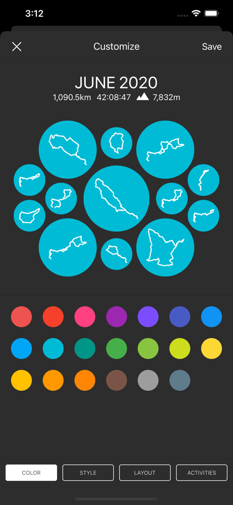 Velographic app screen showing a monthly summary of GPS activity maps with color customization options