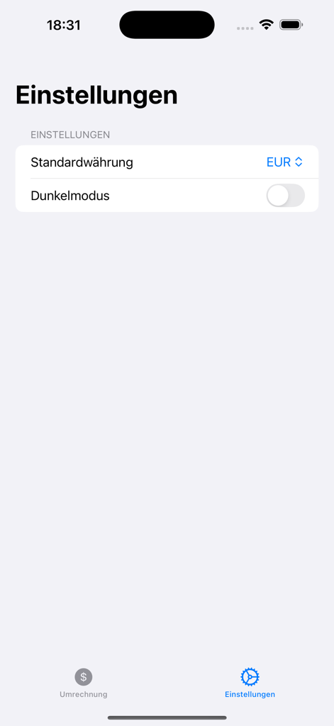 Einstellungen-Bildschirm der Währungsumrechner-App mit Optionen für Standardwährung und Dunkelmodus