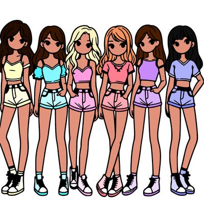 a group of girls wearing crop tops and shorts