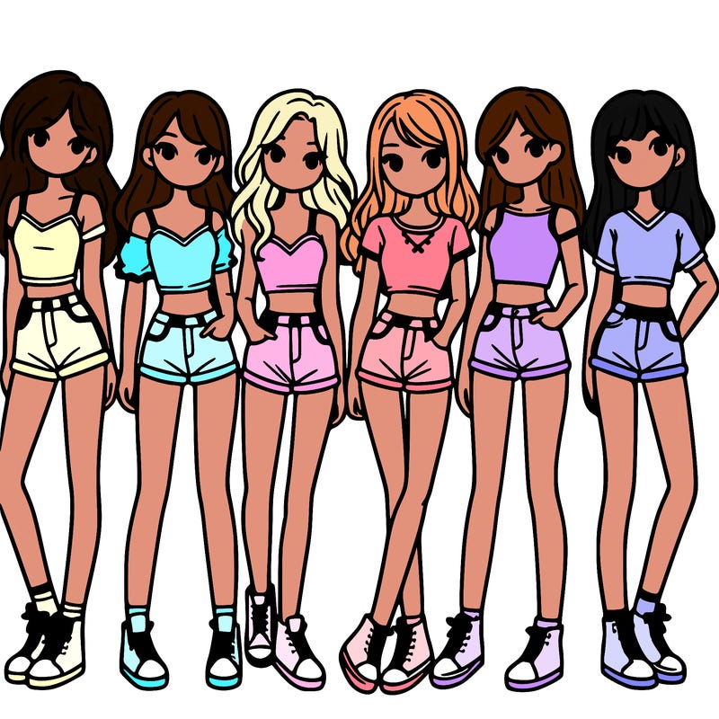 a group of girls wearing crop tops and shorts