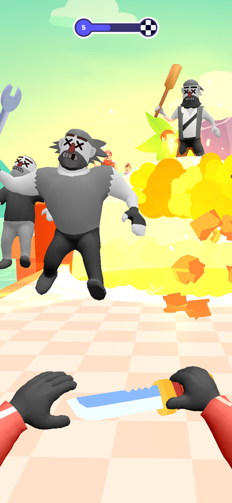 Vista en primera persona de un asesino con cuchillo enfrentando enemigos y explosiones en Hit Master 3D