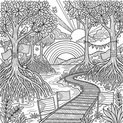 Dive into a unique coloring experience featuring a lush mangrove forest brimming with life and spirit. This intricate design beautifully intertwines the wonders of nature with festive Pride elements like rainbows and flags.