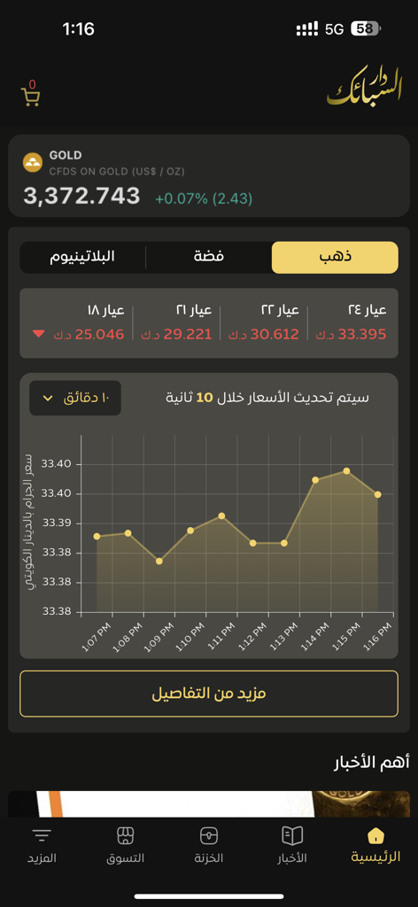 دار السبائك - Capture d'écran de l'application Dar Al Sabaek montrant les prix de l'or en direct et un graphique des fluctuations du marché.
