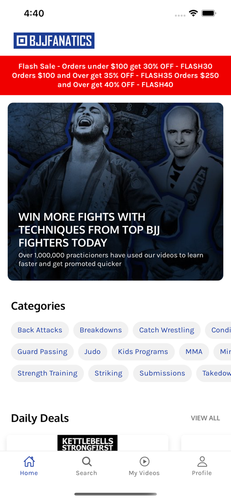 Tela inicial do aplicativo BJJ Fanatics mostrando instruções em vídeo e categorias de treinamento