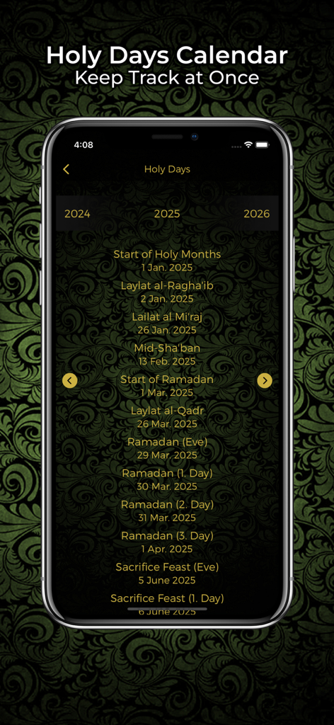 Islamic holy days calendar showing Ramadan and other religious dates in the Prayer Times app.