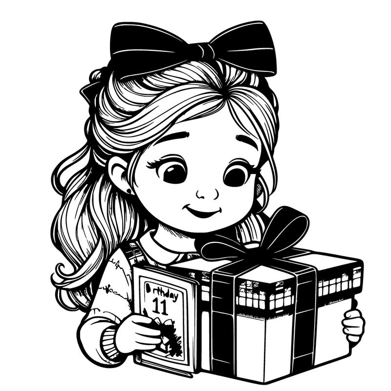 realistic little girl opening her gift which contains a book for her 11th birthday