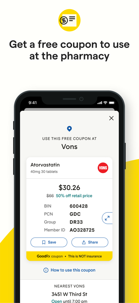GoodRx: Prescription Coupons - App GoodRx che mostra un coupon di farmacia per Atorvastatina presso Vons
