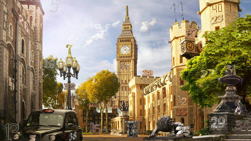 Uma cena de jogo de objetos escondidos em Londres com o Big Ben e um táxi preto com números habilmente camuflados.