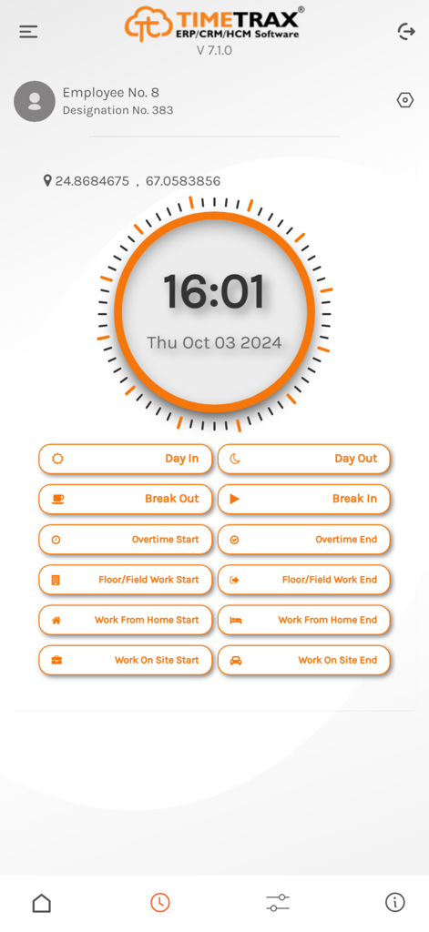 TimeTrax mobile app dashboard showing clock and attendance tracking options for employees