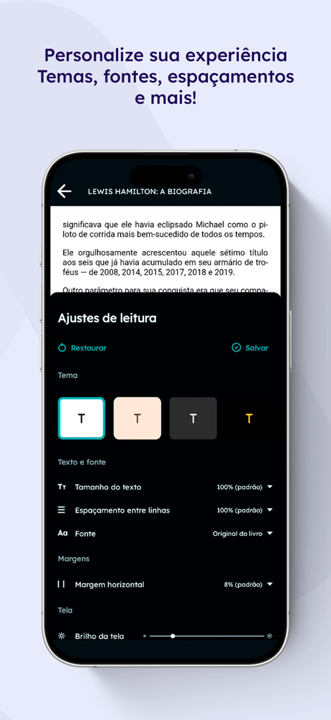 Aya Books: audiolivros, livros - Interfaz de la aplicación Aya Books que muestra la configuración de personalización de lectura, incluidos temas, fuentes y espaciado entre líneas.