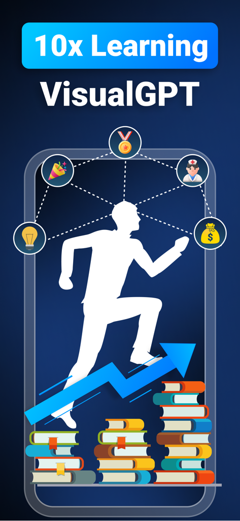 VisualGPT: AI Mind Map ChatBot - A person running up a growth arrow over books to represent accelerated learning with VisualGPT