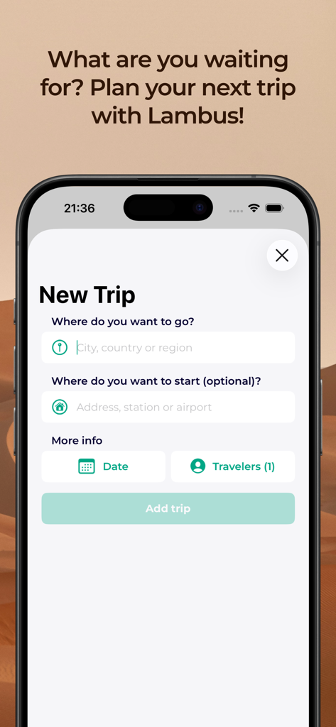 Lambus | Travel Planner - Tela de smartphone exibindo o formulário de configuração de nova viagem no aplicativo de viagens Lambus