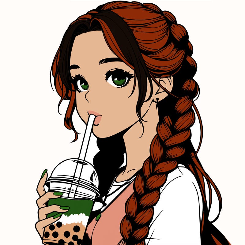 realistic girl with braided hair drinking boba