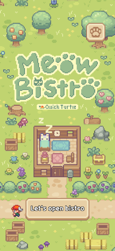 Meow Bistro! - Schermata del titolo in pixel art di Meow Bistro che mostra un gatto addormentato in una casetta di legno circondata da alberi e un pulsante che dice Apriamo il bistrot.