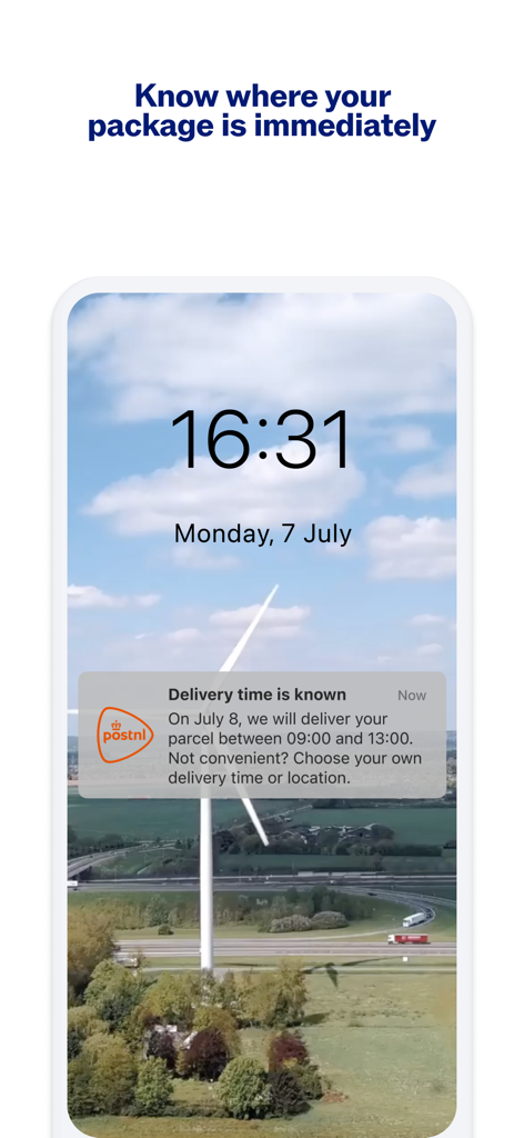 Notificación push de la aplicación PostNL que muestra una ventana de tiempo de entrega de paquete en la pantalla de bloqueo de un iPhone