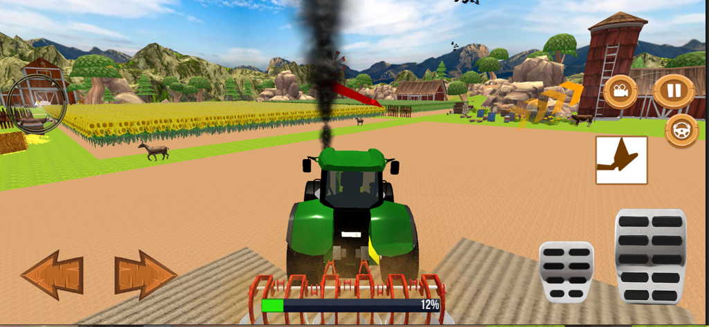 Real Farming Tractor 3D - Un tractor verde conduciendo por un campo de cultivo con girasoles y controles en pantalla.
