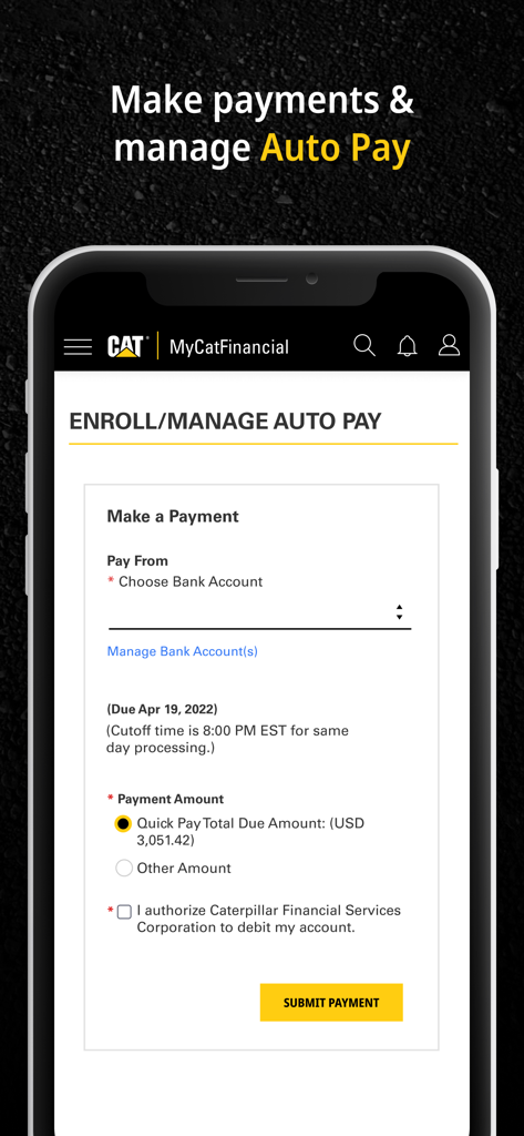 MyCatFinancial - Interface of the MyCatFinancial mobile app showing payment options and auto pay enrollment