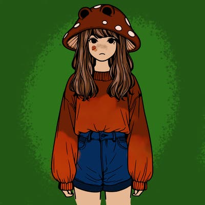 a realistic girl with a frog hat and baggy mushroom shirt