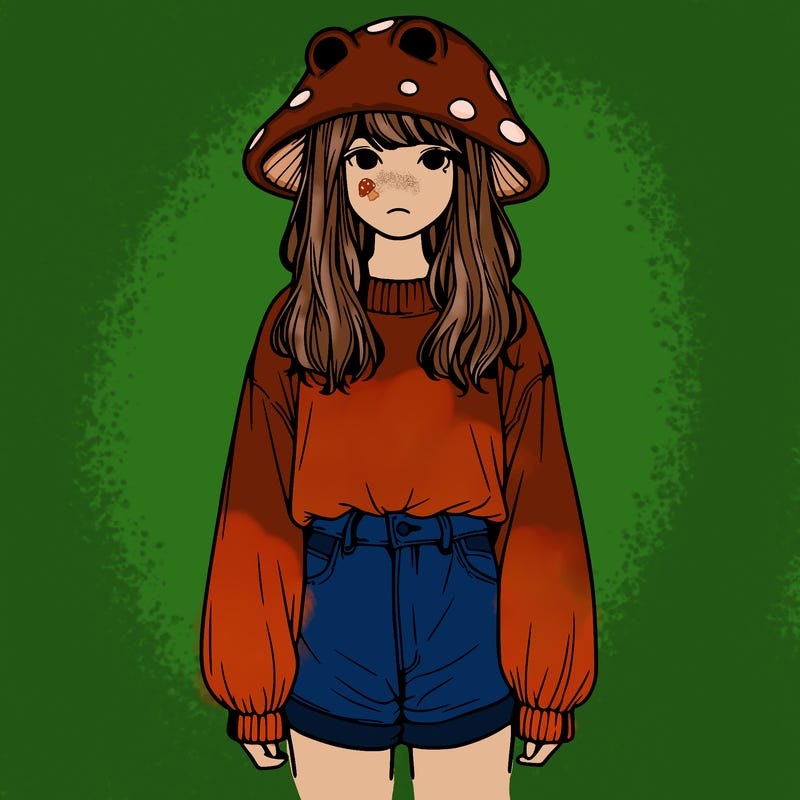 a realistic girl with a frog hat and baggy mushroom shirt