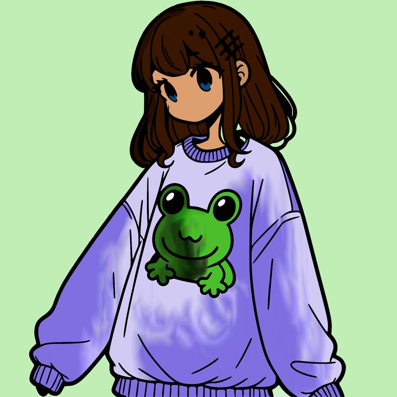 girl wearing frogging sweatshirt