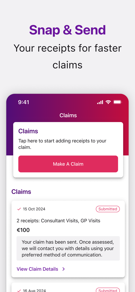 Vhi mobile app interface for submitting healthcare claims using the Snap and Send feature.