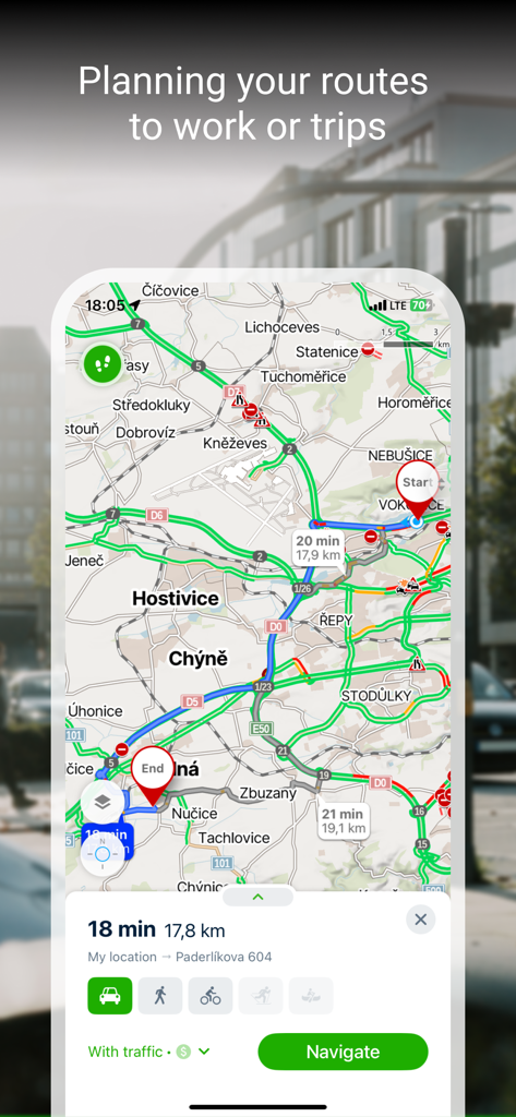 Mapy.com navigation interface showing a planned driving route with real-time traffic updates