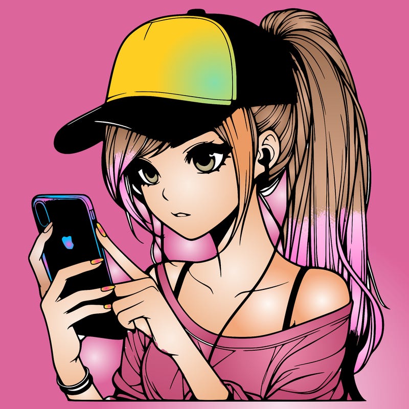 realistic girl with a long ponytail and trucker hat holding an iphone