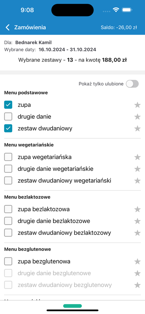 zamowposilek.pl - Interfaz de aplicación móvil para seleccionar comidas escolares con varias opciones dietéticas como vegetariana y sin gluten.