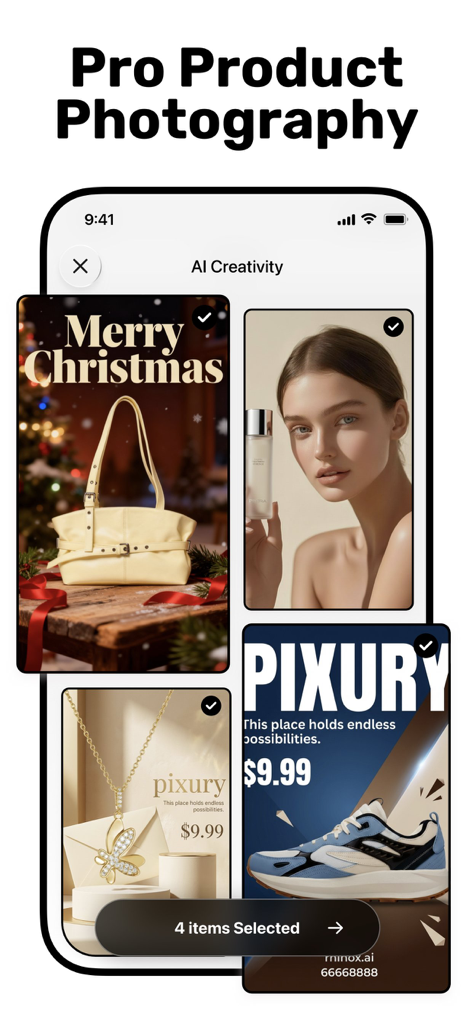 AI Product Video & Ad - Pixury - KI-generierte Produktfotografie-Vorlagen für eine Handtasche, ein Skincare-Model, Schmuck und Sneaker innerhalb der Pixury App-Oberfläche.