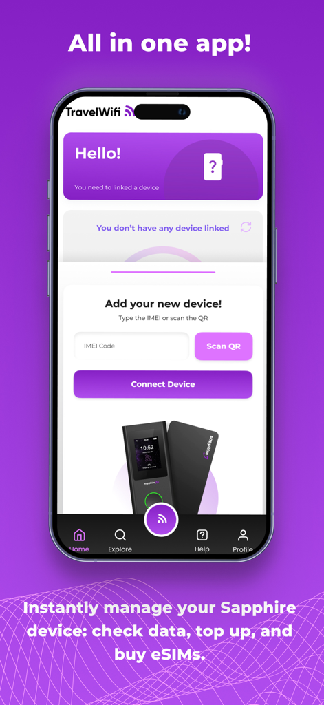 Interfaccia dell'app mobile TravelWifi per collegare un dispositivo hotspot Sapphire.