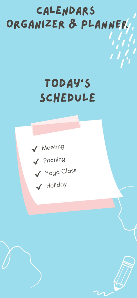 Calendars: Organizer & Planner - Tägliche Aufgabenliste mit Aufgaben wie Besprechung und Yoga auf einer digitalen Haftnotiz
