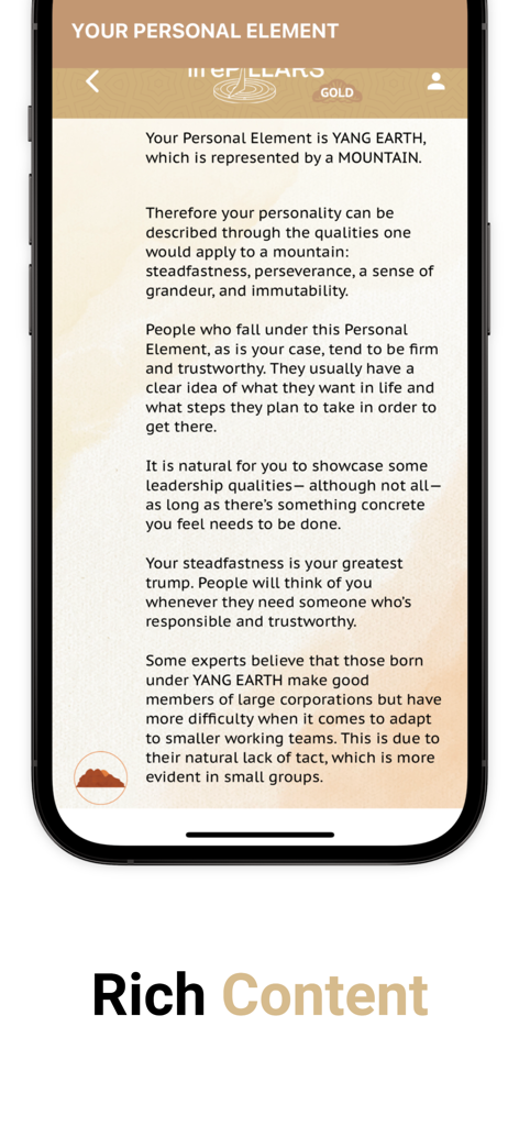 Life Pillars - A screenshot of the Life Pillars app showing a detailed personality analysis for the Yang Earth element represented by a mountain.