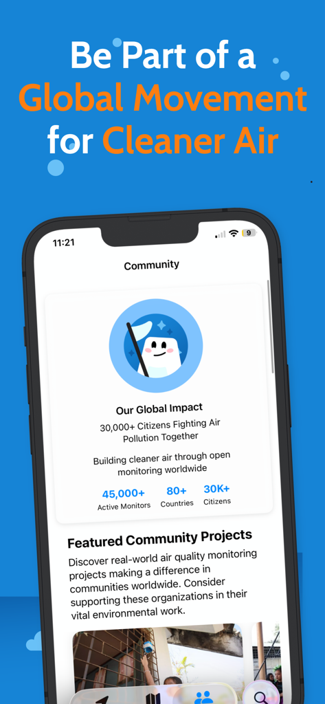 Interfaz de la aplicación AirGradient Map que muestra estadísticas de impacto global con monitores de aire activos y métricas de participación ciudadana