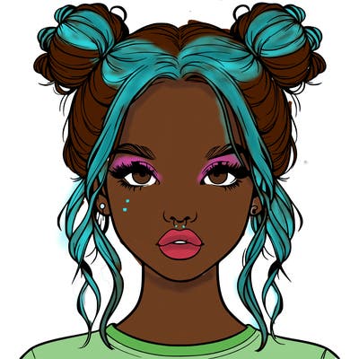realistic girl with two buns in hair and lips