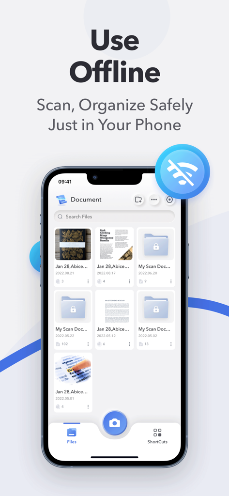 Smartphone-Bildschirm mit dem Dateiorganizer der Scanner App und Hervorhebung der Funktion "Offline nutzen"