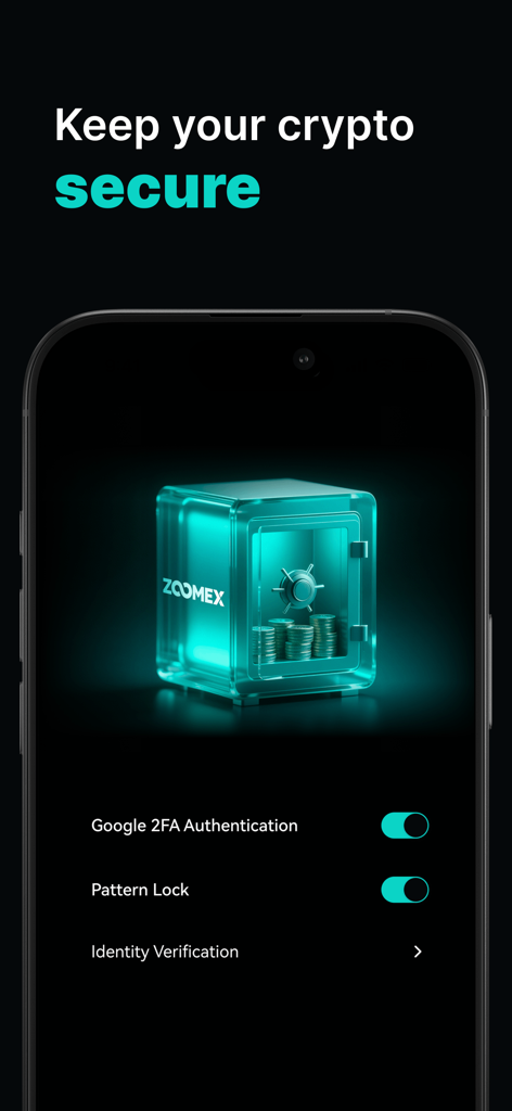 ZMEX mobile app security interface displaying options for 2FA authentication and pattern lock with a glowing cyan digital safe icon.