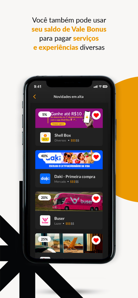 Vale Bonus app interface showing partner discounts for brands like Shell Box and Buser