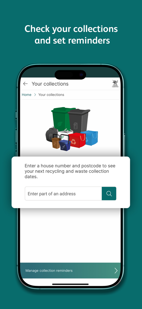 Cardiff Gov app screen for searching recycling and waste collection dates and managing reminders