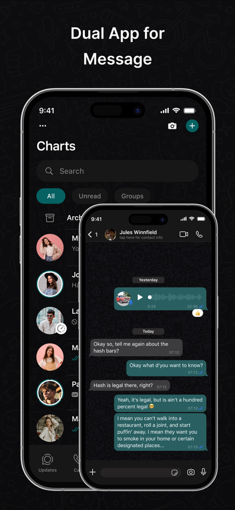 Interface de mensagens de aplicativo duplo para AutoResponder para WA mostrando a lista de chats e a conversa