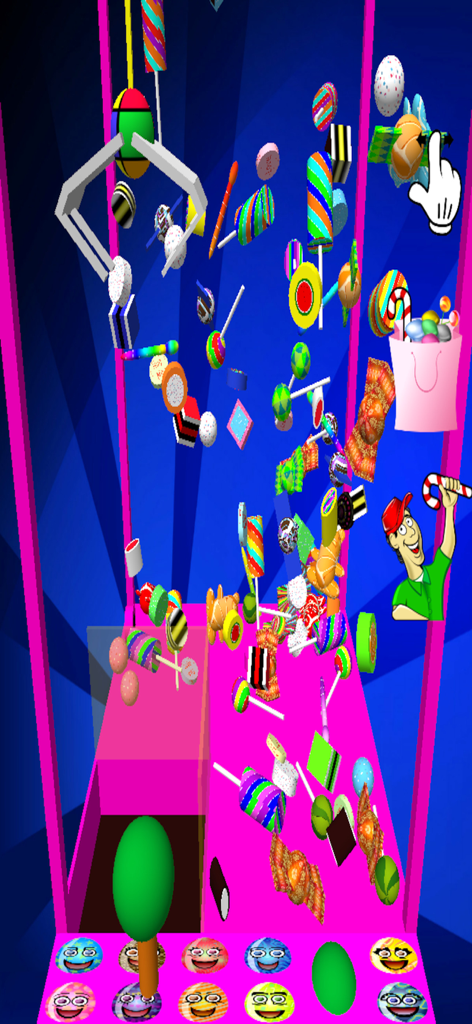 Candy Grabber - A 3D virtual candy crane game featuring a mechanical claw and various colorful lollipops and sweets