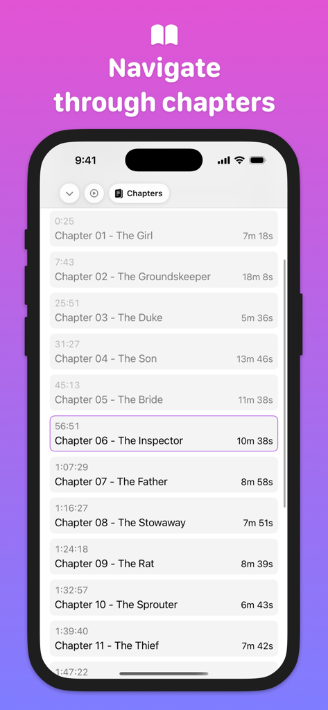 Every Word: Audiobook Player - Every Word audiobook player interface displaying a detailed list of chapters with durations and timestamps.
