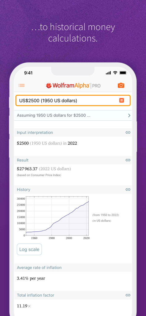 Interface do aplicativo WolframAlpha mostrando um cálculo de valor monetário histórico e gráfico de inflação