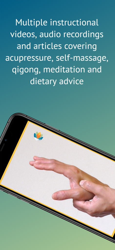 Teléfono inteligente que muestra una demostración de mano para un video de autocuidado de digitopresión