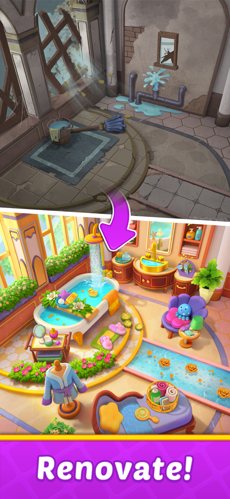 Fruit Diary 2: Match 3 Offline - Before and after comparison of a bathroom renovation in the Fruit Diary 2 manor.