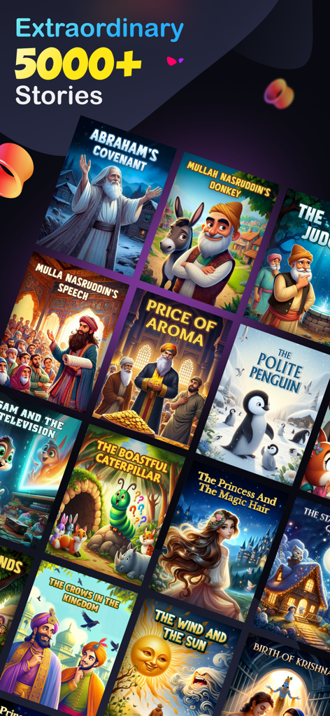 Bedtime Stories for Kids Kiddo - Una cuadrícula de varias portadas ilustradas de libros de cuentos que muestran una biblioteca de más de cinco mil cuentos para dormir para niños