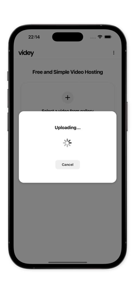 Videy - Simple Video Sharing - Videy app interface showing a video upload in progress with a loading spinner and cancel button