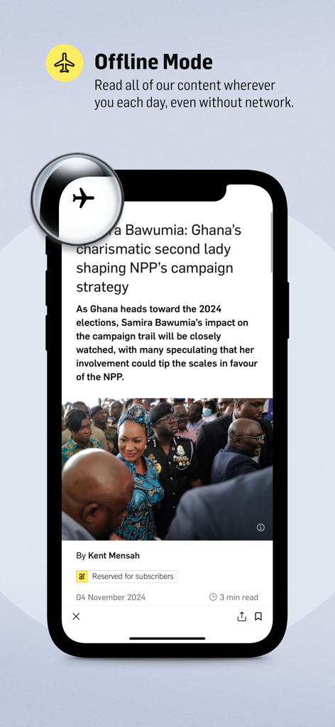 The Africa Report app interface highlighting the offline reading mode feature on a mobile device