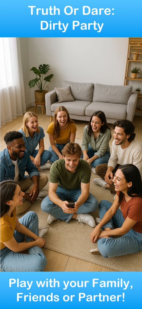 Un grupo de jóvenes amigos diversos sentados en círculo y riendo mientras juegan Truth or Dare Dirty Party en un smartphone