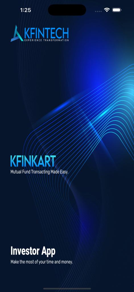 KFinKart Investor App Splashscreen mit dem KFintech-Logo und Slogan für Investmentfondsanlagen