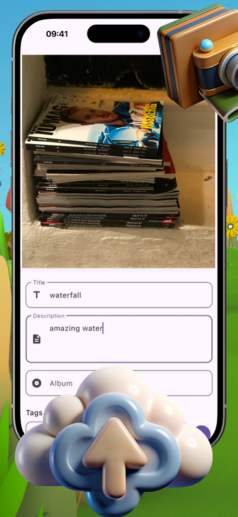 Mlyk:PhotoSorter - Mlyk PhotoSorter app interface showing fields to add a title and description to a photo for organization.